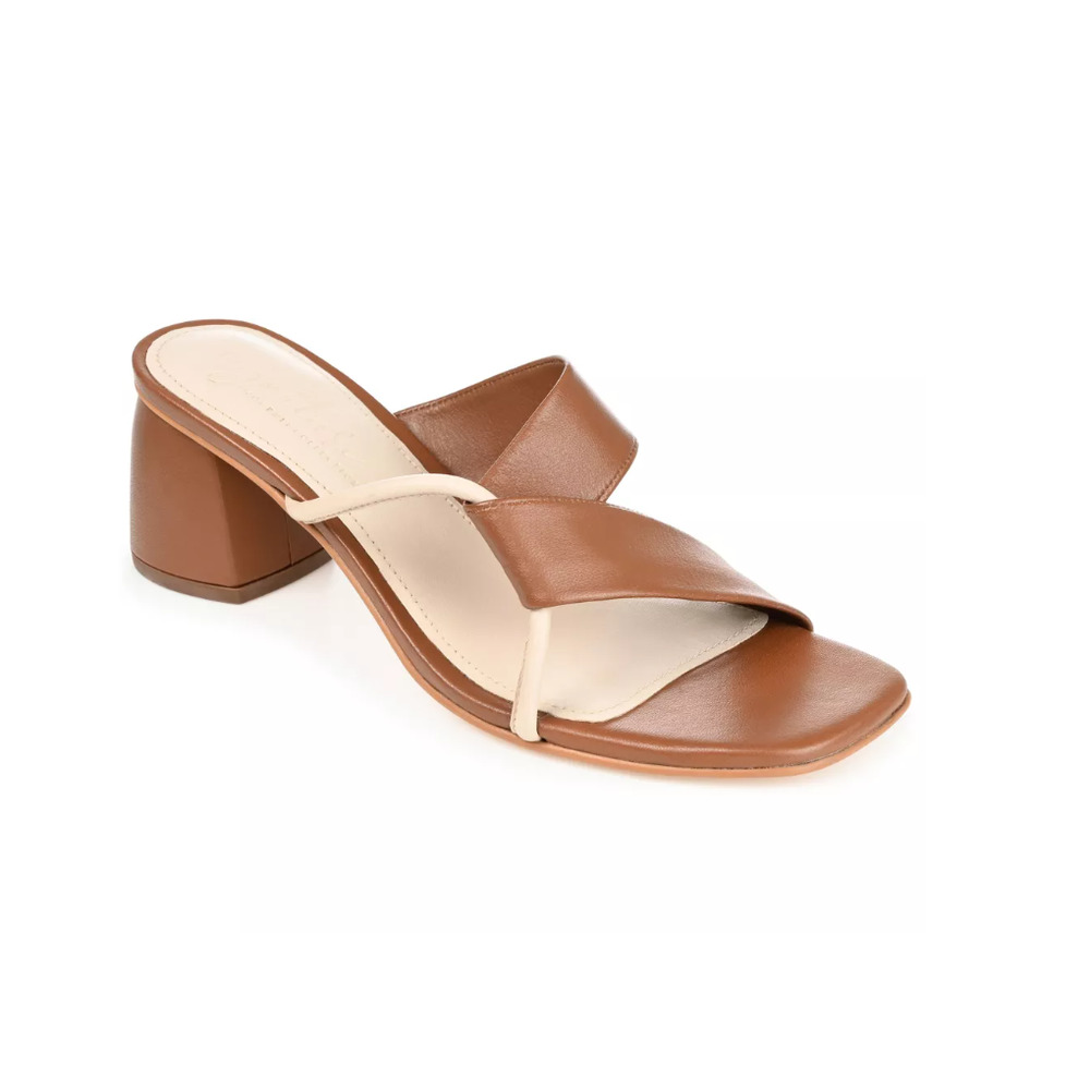 Journee Signature   Leather Jossette Slip On Block Heel Open Square Toe Sandals
